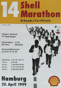 Die Ergebnis Urkunde vom Shell Hamburg Marathon 25. April 1999