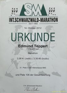 Meine Siegerurkunde vom Internationalen Schwarzwald Maratohn in Bräunlingen 14. Oktober 2012