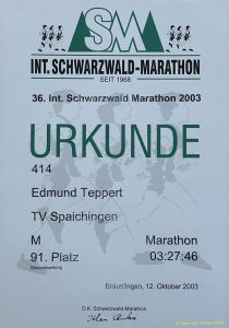 Meine Siegerurkunde vom Internationalen Schwarzwald Maratohn in Bräunlingen 12. Oktober 2003