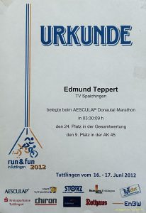 Meine Siegerurkunde vom Donautal Maratohn in Tuttlingen 17. Juni 2012